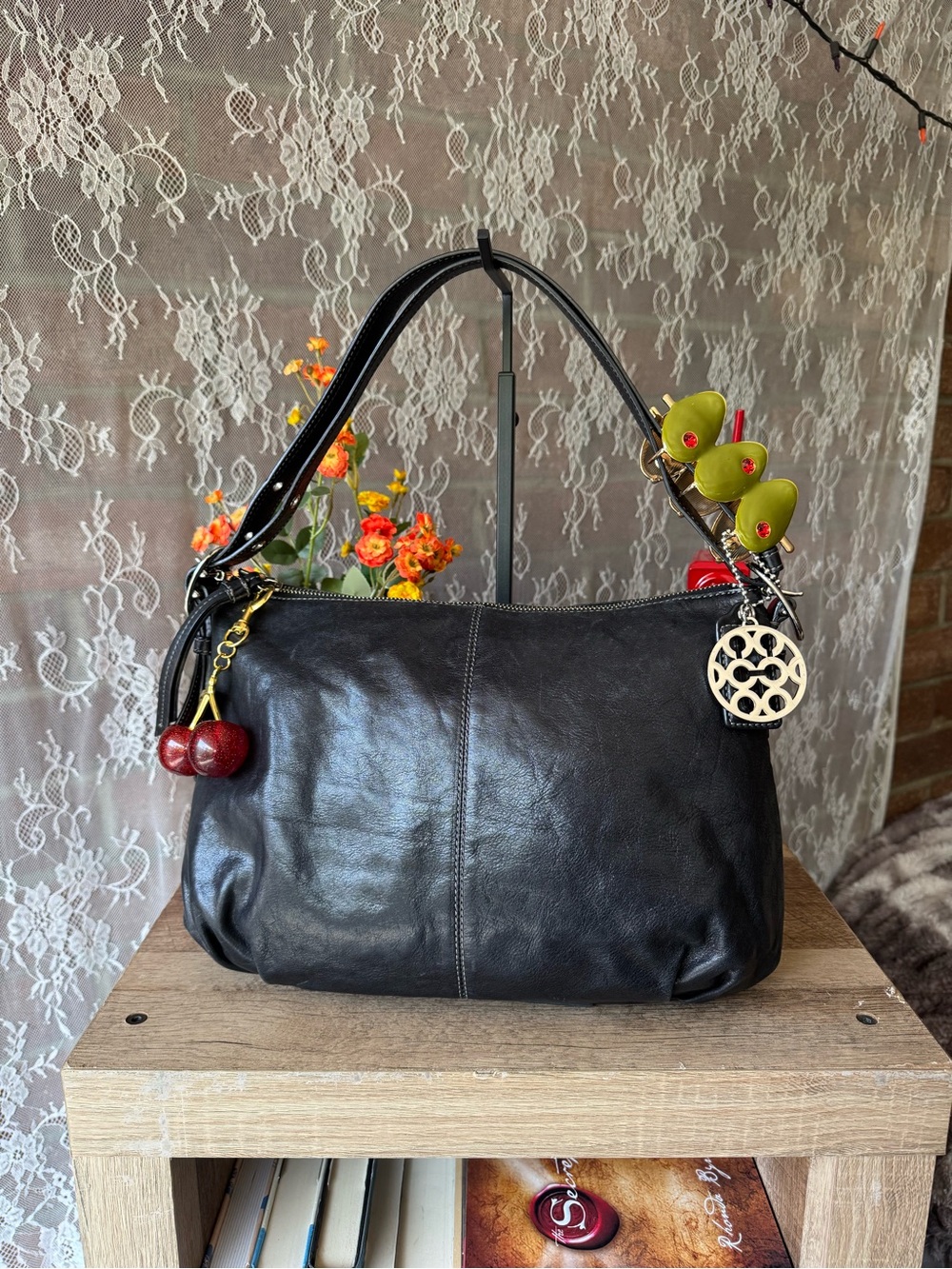 Coach Black Leather Shoulder Bag with Cherry Charm